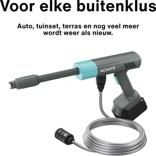 Achaté Draadloze Hogedrukreiniger – 21V Accu Hogedrukspuit – Auto & Terrasreiniger – 200W Motor – 6-in-1 Spuitkop – 7m Slang – 40 Min Gebruik – Opbergkoffer