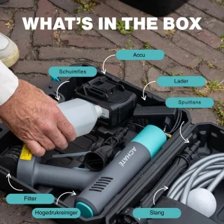 Achaté Draadloze Hogedrukreiniger – 21V Accu Hogedrukspuit – Auto & Terrasreiniger – 200W Motor – 6-in-1 Spuitkop – 7m Slang – 40 Min Gebruik – Opbergkoffer