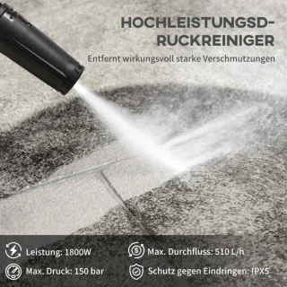 Hogedrukreiniger met 5-delige Accessoires - 1800W – 150 bar – 510 l/h – Incl. 6m Slang, Verstelbare Spuitstukken en Accessoires - Auto Was Set - Terrasreinigers - Hogedrukspuit