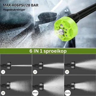 Draadloze Hogedrukreiniger - 28 bar - Incl. 2 Accu's, Koffer, 5M lange Tuinslang & meer - 6 Sproeistanden - Oplaadbaar - 400W