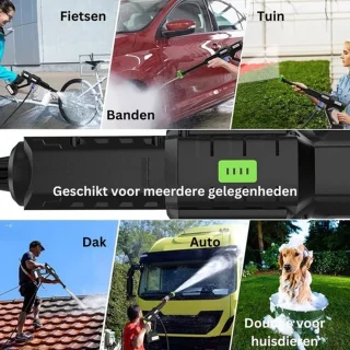 Draadloze Hogedrukreiniger - 28 bar - Incl. 2 Accu's, Koffer, 5M lange Tuinslang & meer - 6 Sproeistanden - Oplaadbaar - 400W