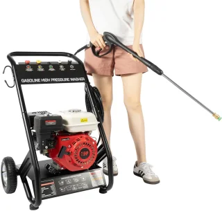 CINK Tools 7,5 PK Benzine Hogedrukreiniger 2200 PSI – Zelfaanzuigend Hogedrukspuit met 5 Spuitmonden, 8 m Slang & Wielen – Krachtige Buitenreiniger voor Auto, Tuin & Oprit