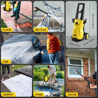 Wat vinden we goed aan de Hogedrukreiniger met krachtige straal - Draagbare elektrische hogedrukreiniger voor oprit, terras, auto, tuin - EU-stekker - Geel