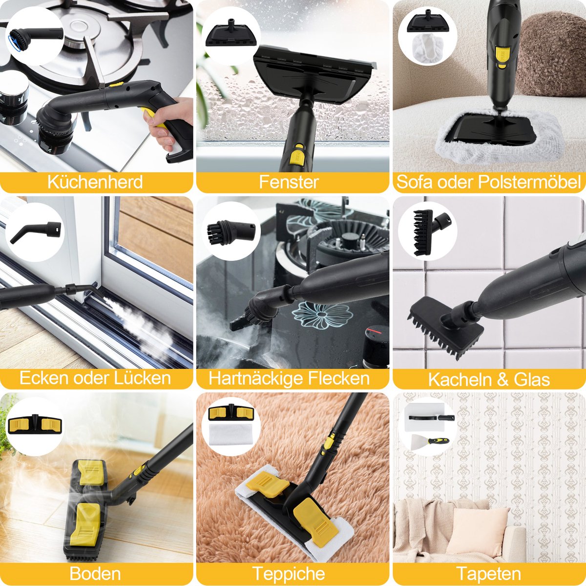 Wat vinden we goed aan de COSTWAY Stoomreiniger 2000W met 29 accessoires geel
