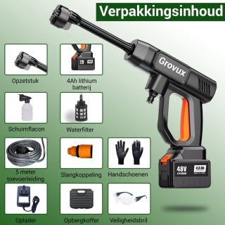 Grovux Draadloze Hogedrukreiniger 48V 15000mAh Zwart