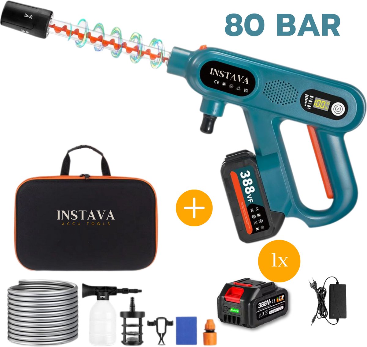 De Instava 6-1 Accu Hogedrukreiniger 80bar incl. 4.0Ah Accu voor Makita 18V in één oogopslag