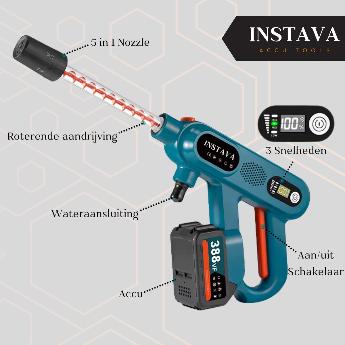 Wat vinden we goed aan de Instava 6-1 Accu Hogedrukreiniger 80bar incl. 4.0Ah Accu voor Makita 18V