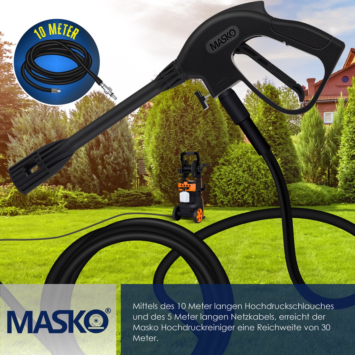 Wat vinden we goed aan de MASKO hogedrukreiniger 2200W met haspel en accessoires