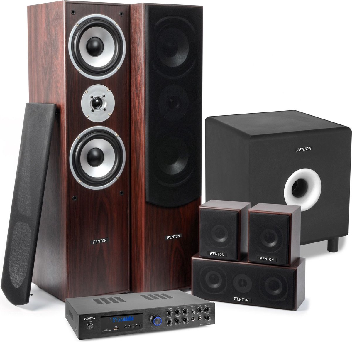 Fenton AV550BT 5.1 surround set met walnoot speakers en actieve subwoofer