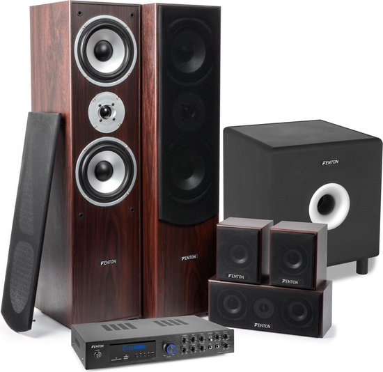 Fenton AV550BT 5.1 surround set met walnoot speakers en actieve subwoofer