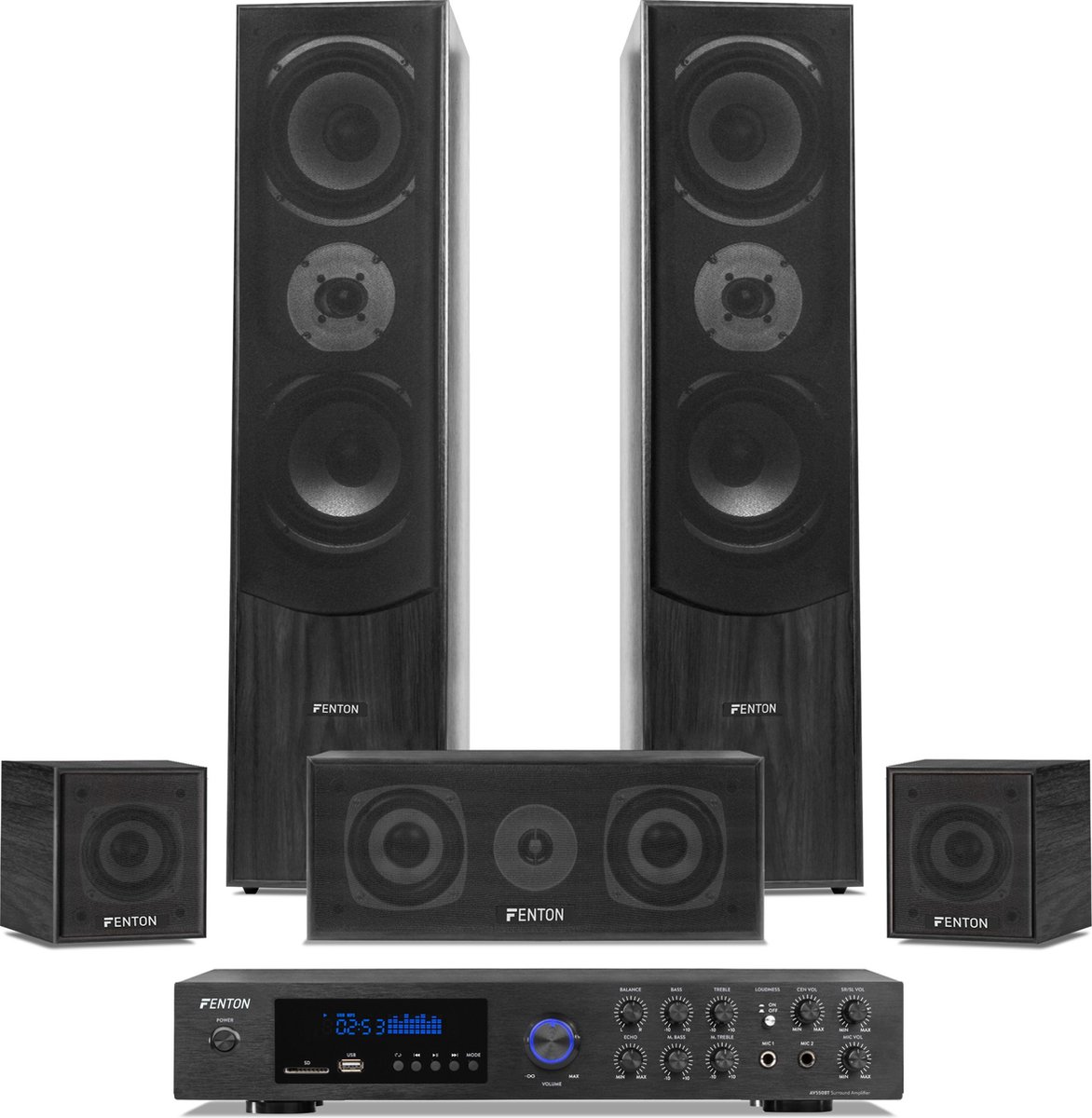 De Fenton Surround Set 5.0 met Versterker en Speakers Zwart in één oogopslag
