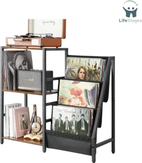 LifeStages Platenspelermeubel - Draaitafelstandaard Vinylkast - Bruin/Zwart