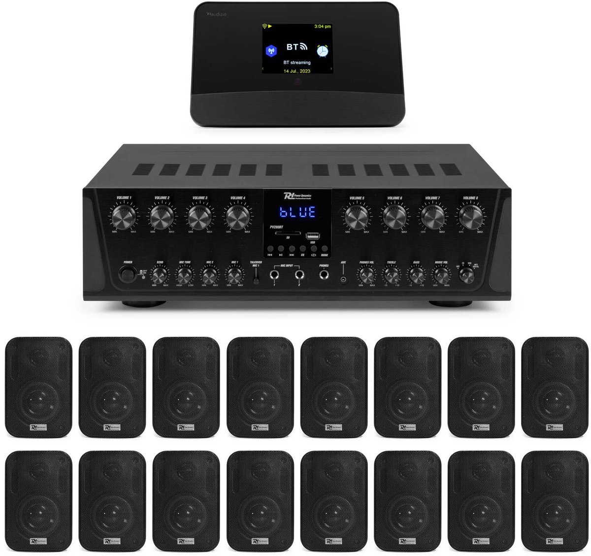 Power Dynamics multiroom 8-zone versterker met 16 speakers en DAB tuner