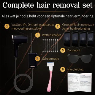 VasQura NUDA IPL Laser Ontharingsapparaat – Luxe Set - Inclusief Opzetstukken Huidverjonging & Acne-vermindering - 2025 – IPL ontharingsapparaat – Jarenlang gebruik – Zwart