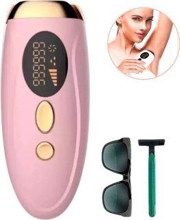 De IPL Laser Ontharingsapparaat - Incl. beschermingsbril & Scheermes - 5 Standen - Roze in één oogopslag