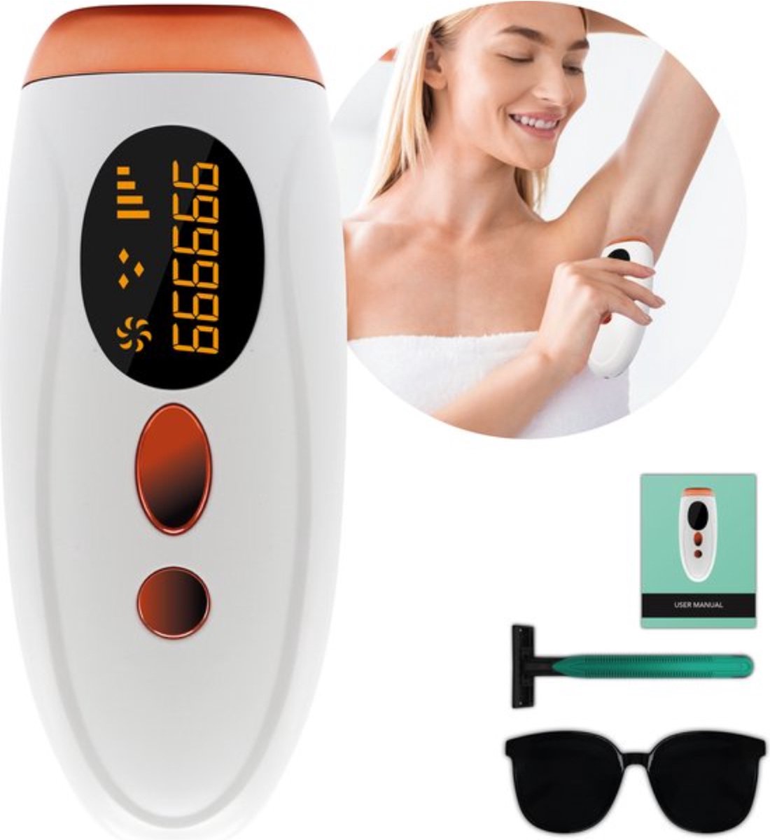 De IPL Laser Ontharingsapparaat Wit inclusief beschermingsbril en scheermes in één oogopslag