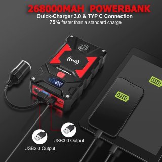 Booster Autoaccu, 6000 A, 26800 mAh, draagbare autoaccu, jump starter (tot 10 l diesel of alle gas), autostart met groot lcd-display, ledlamp, intelligente klemmen