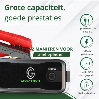 GudeaSmart Krachtige 12V Jumpstarter - 26.800 Mah / 6000A - 7in1 Startkabels Met Powerbank - Starthulp Voor Auto’s Met LED- en SOS Noodlicht- Incl. Opbergcase