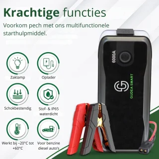 GudeaSmart Krachtige 12V Jumpstarter - 26.800 Mah / 6000A - 7in1 Startkabels Met Powerbank - Starthulp Voor Auto’s Met LED- en SOS Noodlicht- Incl. Opbergcase