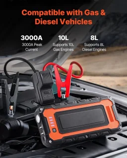 Starthulp 3000 A Peak, Auto-Accu-Powerpack, Draagbare Booster met Luchtcompressor, Startkabels, voor 10 L Benzine-/8 L Dieselmotoren