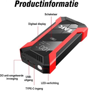 Wat vinden we goed aan de EAFC 12V Jumpstarter voor Auto – 1200A / 10000 mAh – 4-in-1 starthulp draagbare noodstartlader benzine auto powerbank booster accu startapparaat– Rood & Opbergkoffer
