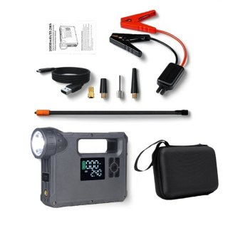 De Jumpstarter 12V voor Auto-5-in-1 Multifunctionele Jumpstarter 16000mAh- Jumpstarter voor auto -Dubbele Turbopomp & Banden­drukmeter-2000 lumen LED-verlichting-Type-C Snellader Powerbank-LED-display-Auto/Motor Accu­hulp-In Opbergkoffer in één oogopslag