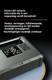 Jumpstarter 12V voor Auto-5-in-1 Multifunctionele Jumpstarter 16000mAh- Jumpstarter voor auto -Dubbele Turbopomp & Banden­drukmeter-2000 lumen LED-verlichting-Type-C Snellader Powerbank-LED-display-Auto/Motor Accu­hulp-In Opbergkoffer