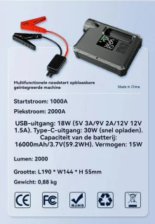 Jumpstarter 12V voor Auto-5-in-1 Multifunctionele Jumpstarter 16000mAh- Jumpstarter voor auto -Dubbele Turbopomp & Banden­drukmeter-2000 lumen LED-verlichting-Type-C Snellader Powerbank-LED-display-Auto/Motor Accu­hulp-In Opbergkoffer