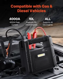 Starthulp 4000 A Peak, Auto-Accu-Powerpack, Draagbare Booster met Luchtcompressor, Startkabels, voor Alle Benzinemotoren/Tot 10 L Dieselmotoren