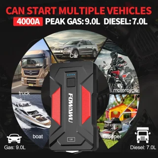 Jump Starter 4000 A voor Auto en Motor | Starthulp 12V met LED en USB 3.0
