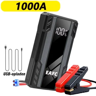 EAFC Jumpstarter 12V voor Auto – 10000 mAh /1000A – Starthulp met Forcestart, LED-scherm & Powerbank – Incl Zaklamp & Opbergkoffer - zwart