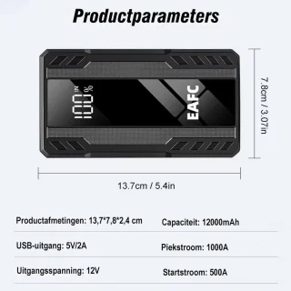 EAFC Jumpstarter 12V voor Auto – 10000 mAh /1000A – Starthulp met Forcestart, LED-scherm & Powerbank – Incl Zaklamp & Opbergkoffer - zwart