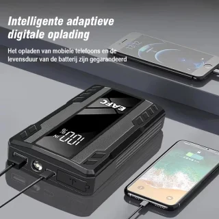 EAFC Jumpstarter 12V voor Auto – 10000 mAh /1000A – Starthulp met Forcestart, LED-scherm & Powerbank – Incl Zaklamp & Opbergkoffer - zwart