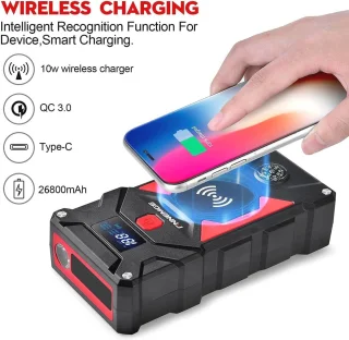 Car Jump Starter 6000A Peak 26800 mAh 12V met Draadloze Oplader en Slimme Startkabel