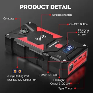 Car Jump Starter 6000A Peak 26800 mAh 12V met Draadloze Oplader en Slimme Startkabel
