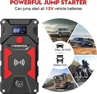 Car Jump Starter 6000A Peak 26800 mAh 12V met Draadloze Oplader en Slimme Startkabel