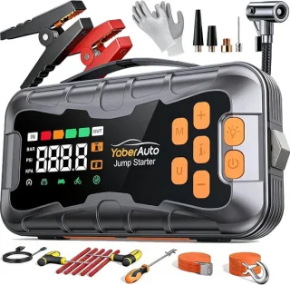 Accubooster 16-in-1 met compressor en powerbank voor auto's en motoren - zwart