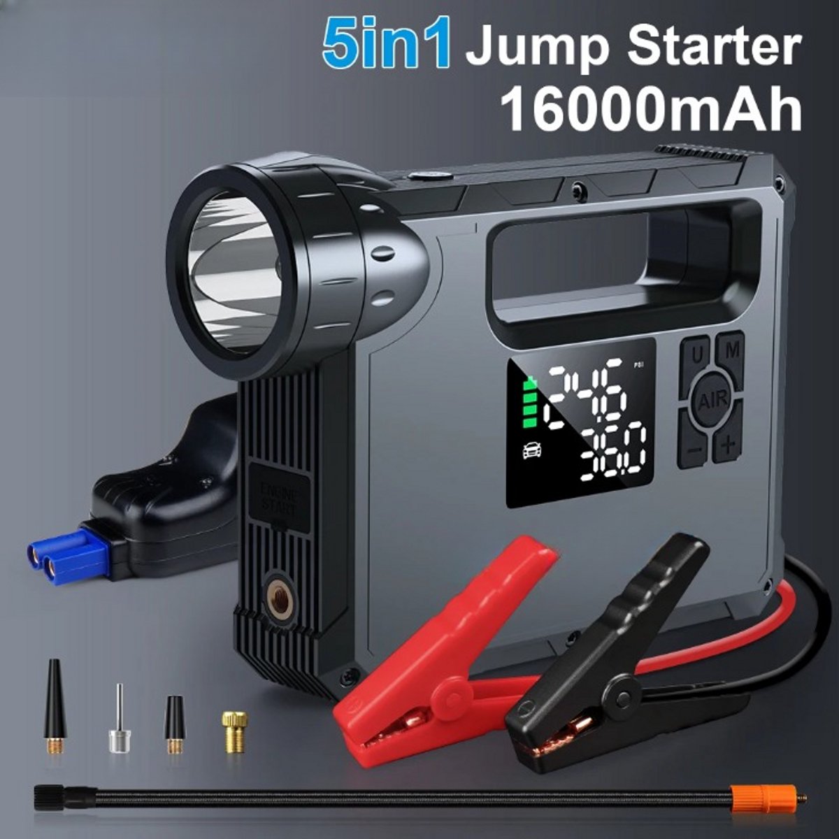 Auto-Starthulp 5-in-1 met Luchtcompressor 12000-18000mAh Zwart