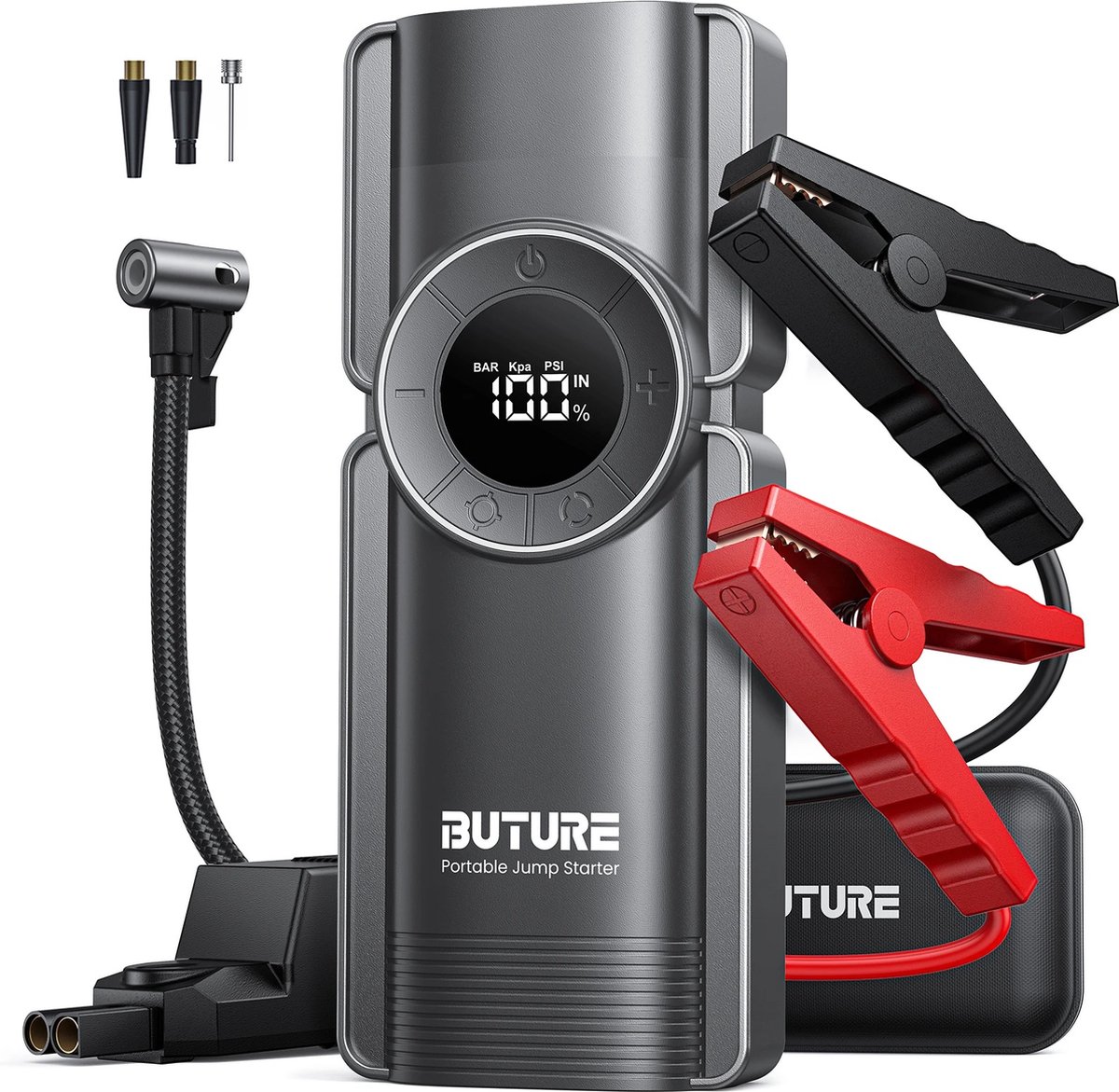 De BTD 4-in-1 Accu Jumpstarter Powerbank Luchtcompressor Bandenpomp 20000mAh 2500A 15V in één oogopslag