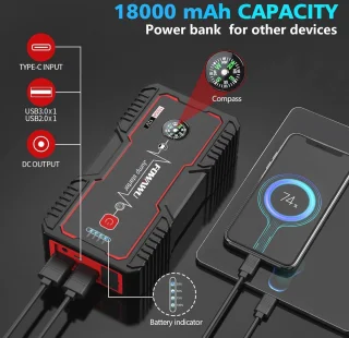 Draagbare Jump Starter 18000mAh 1500A met LED Zaklamp