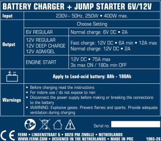 FERM BCM1020 Acculader en Jumpstarter 6V/12V