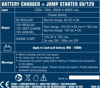 FERM BCM1020 Acculader en Jumpstarter 6V/12V