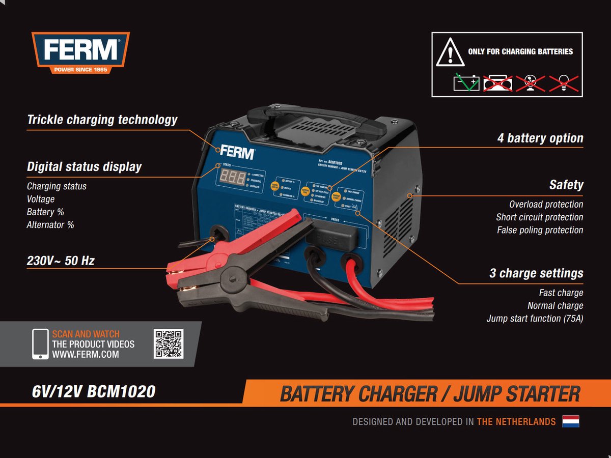 FERM BCM1020 Acculader en Jumpstarter 6V/12V