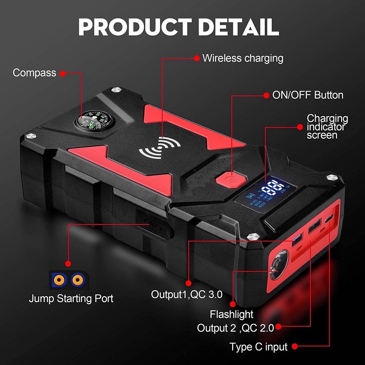 FNNEMGE Auto Starthulp Jumpstarter 2000A 21800mAh 12V Powerbank