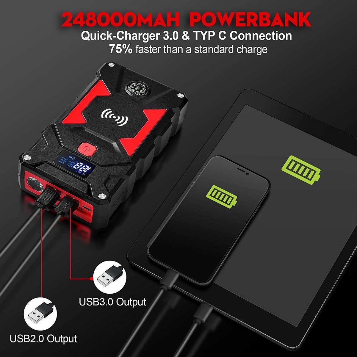 FNNEMGE Auto Starthulp Jumpstarter 2000A 21800mAh 12V Powerbank