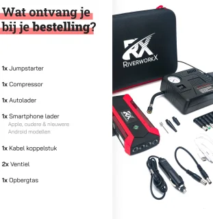 Jumpstarter 12V 12000mAh met luchtcompressor en opberger