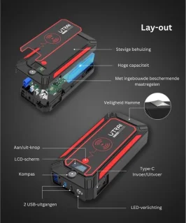 Jumpstarter 12V Draagbaar Zwart/Rood - Auto Startbooster Diesel