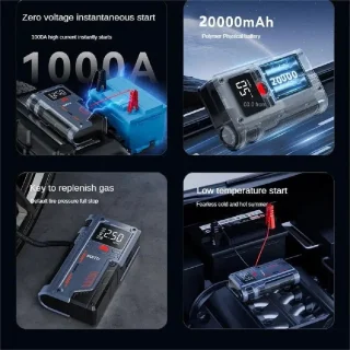 Jumpstarter 20000mAh 1000A met Powerbank en Bandenvuller Zwart