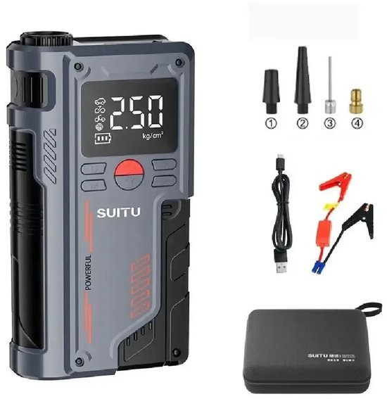 Power en zekerheid onderweg: multifunctionele jumpstarter met luchtcompressor