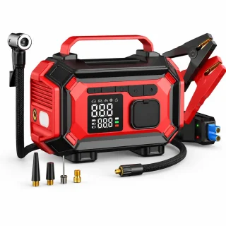 De Jumpstarter 8000a met luchtcompressor, rood in één oogopslag